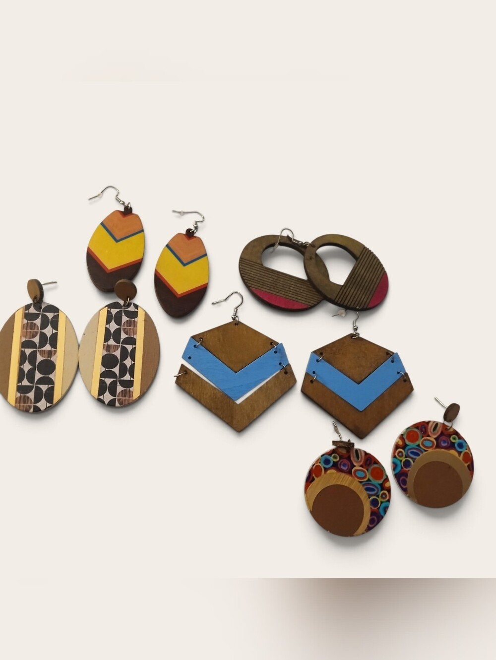 Set Of 5 Wooden Boho Earrings New